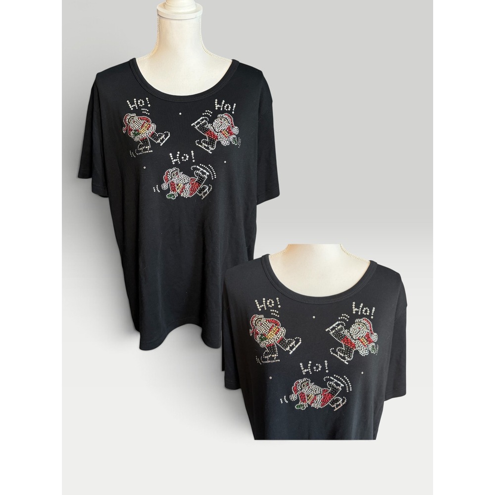 Isaacs Designs Casuals Black Rhinestone Santa Ho Ho Ho Christmas T-Shirt 1XL